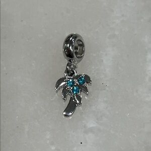 Silver European Palm Tree Charm with Blue Crystal Accents